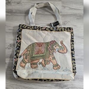 2 Moda Stitched Elephant Canvas Tote Bag Beige Embroidery